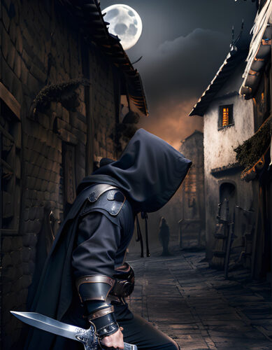 Hombre encapuchado en un callejón medieval con la luna en lo alto