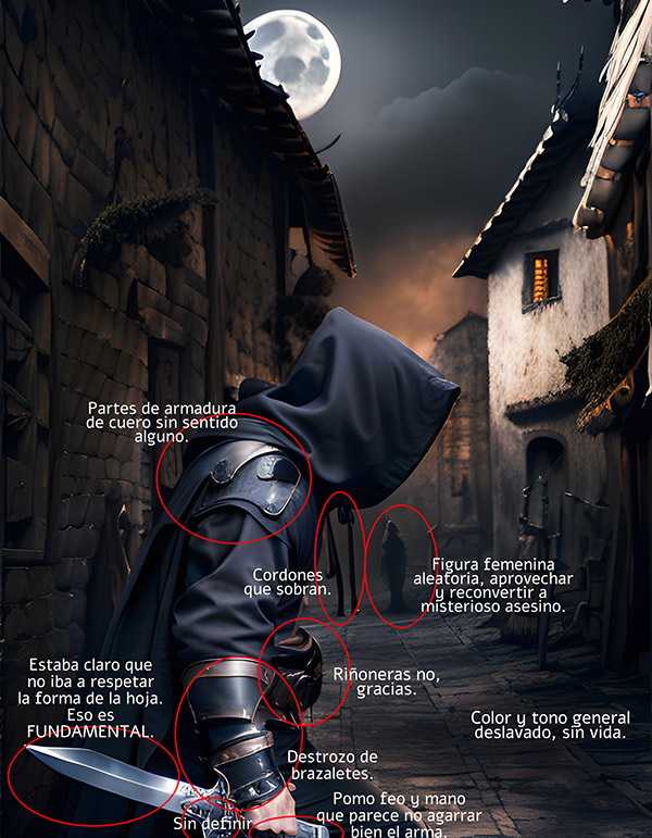 Hombre encapuchado en un callejón medieval con la luna en lo alto