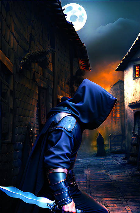 Hombre encapuchado en un callejón medieval con la luna en lo alto